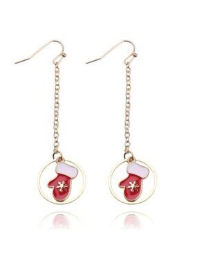 Winter Mittens Christmas Red Gold Drop Chain Earrings